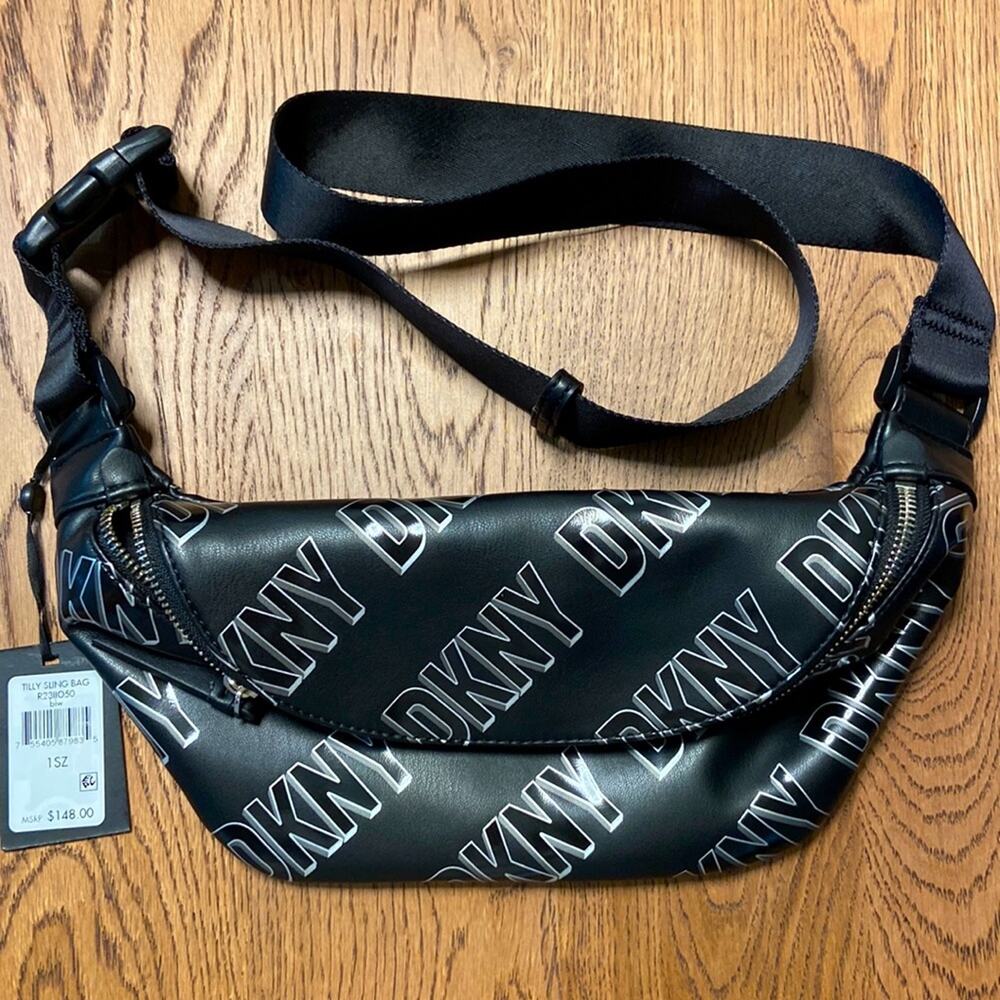 NWT MSRP$148 DKNY Faux Leather Tilly Logo Sling Bag Black